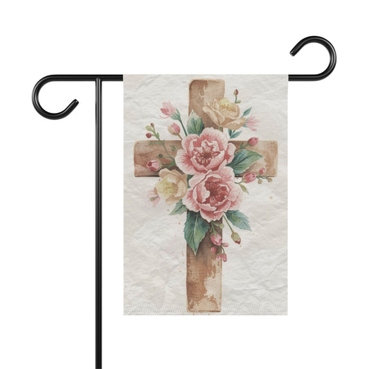 Wooden Cross with Pink Flowers Easter Garden Flag Decor Flags