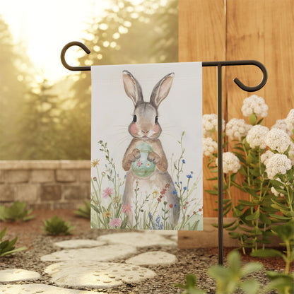 Watercolor Bunny with Egg Floral Garden and House Flag Decor Flags