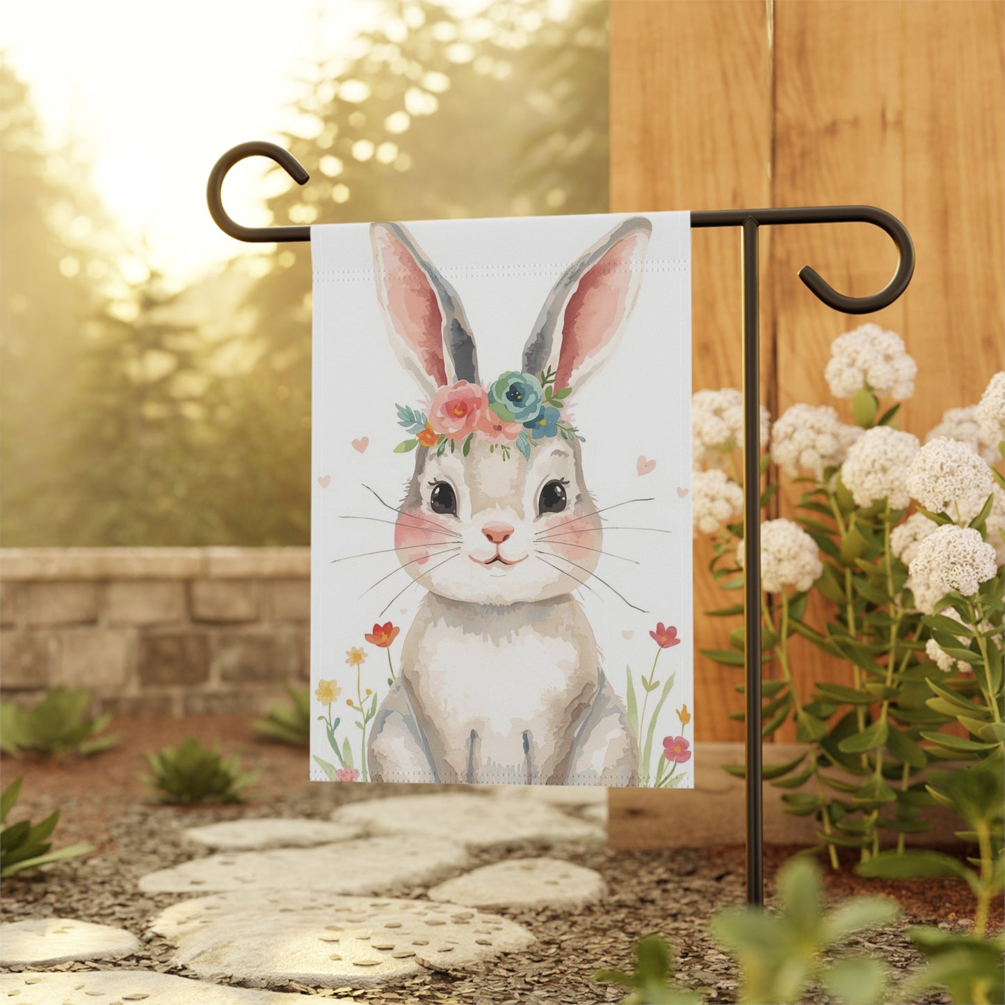 Watercolor Bunny and Flowers Garden and House Flag Decor Flags