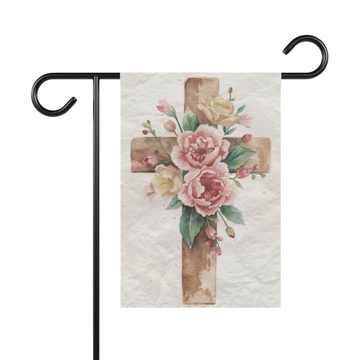 Wooden Cross with Pink Flowers Easter Garden Flag Decor Flags