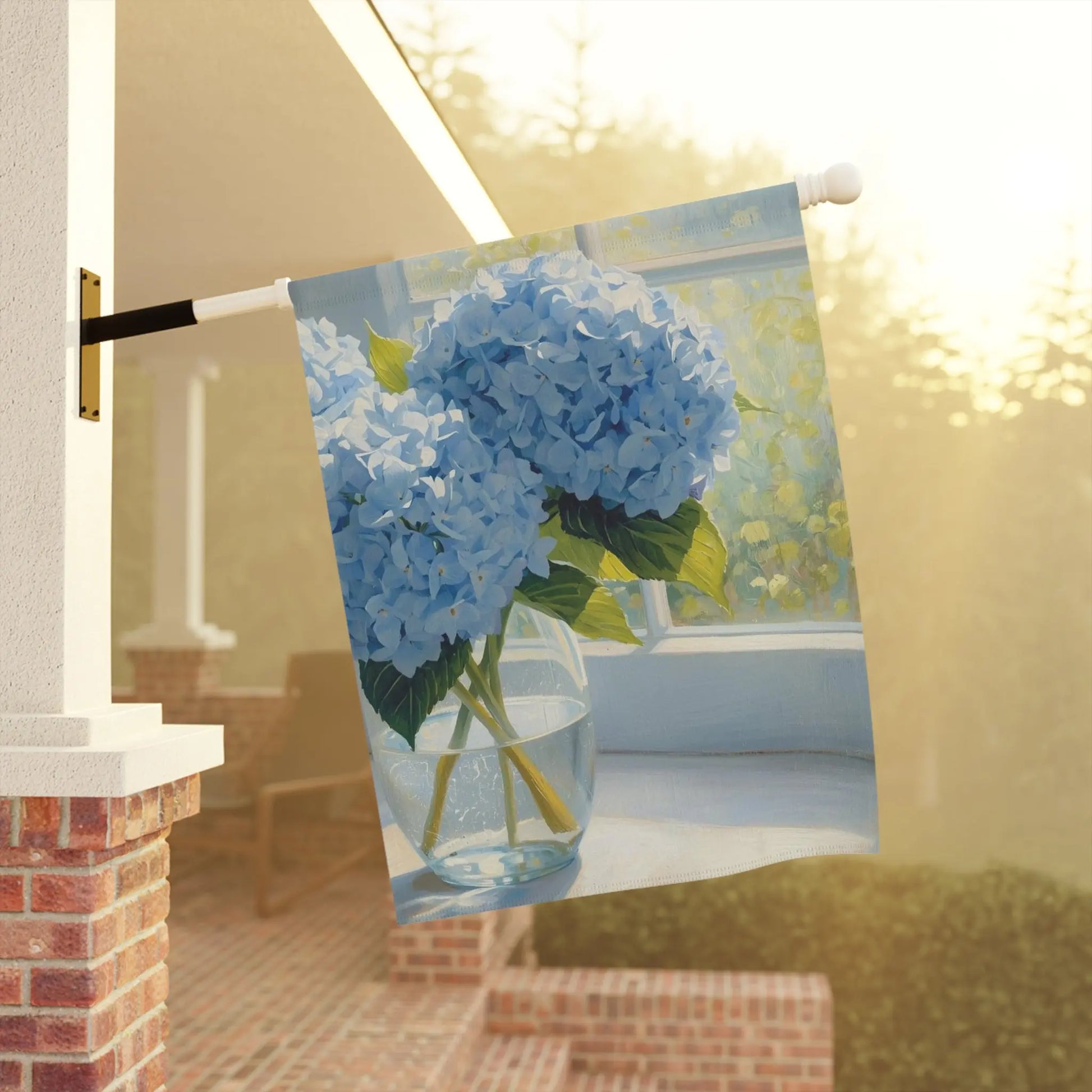 Blue Hydrangeas in Vase Garden and House Flag Decor Flags