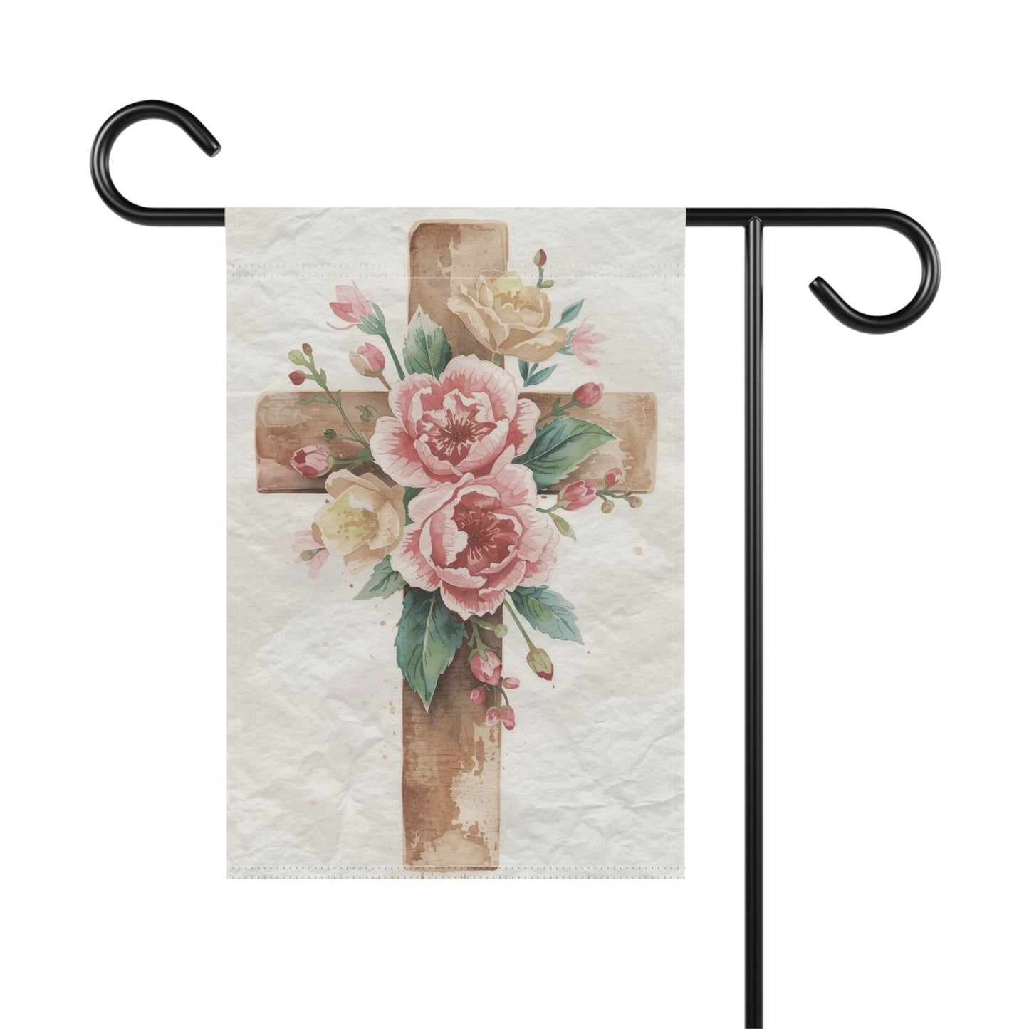 Wooden Cross with Pink Flowers Easter Garden Flag Decor Flags