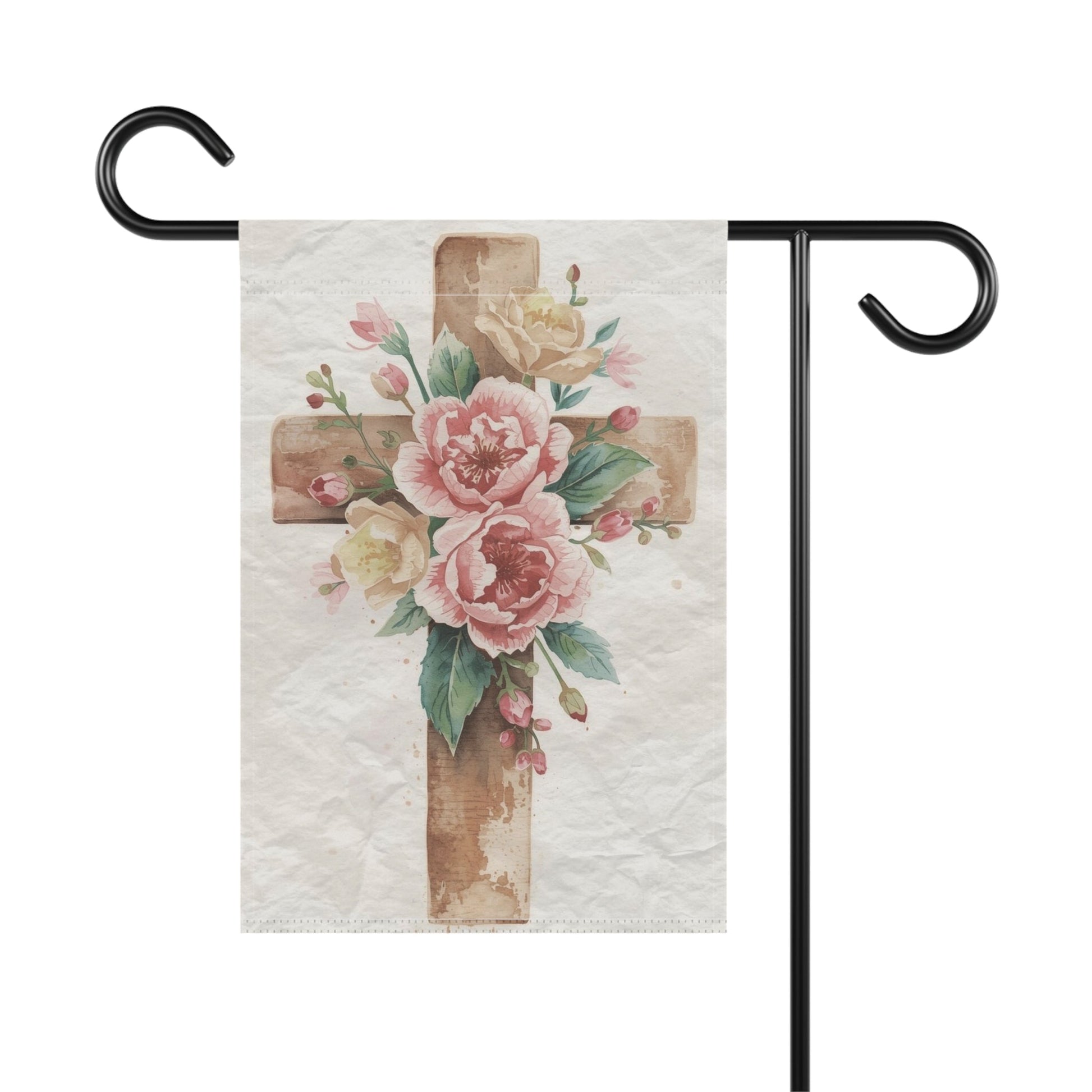 Wooden Cross with Pink Flowers Easter Garden Flag Decor Flags