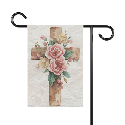 Wooden Cross with Pink Flowers Easter Garden Flag Decor Flags