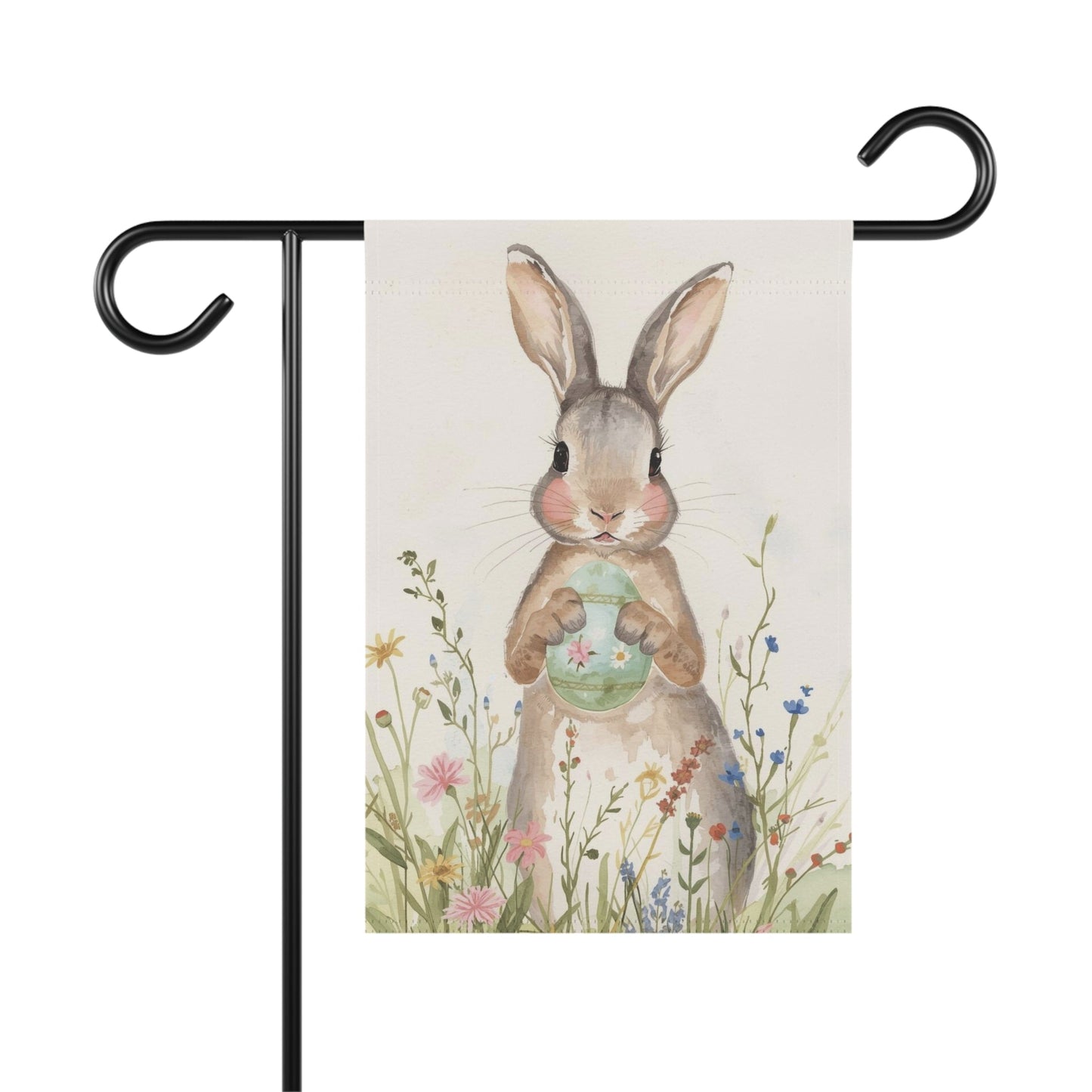 Watercolor Bunny with Egg Floral Garden and House Flag Decor Flags