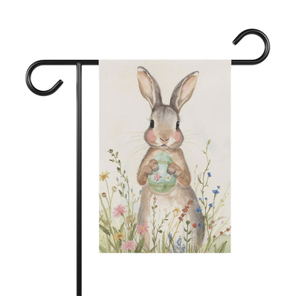 Watercolor Bunny with Egg Floral Garden and House Flag Decor Flags