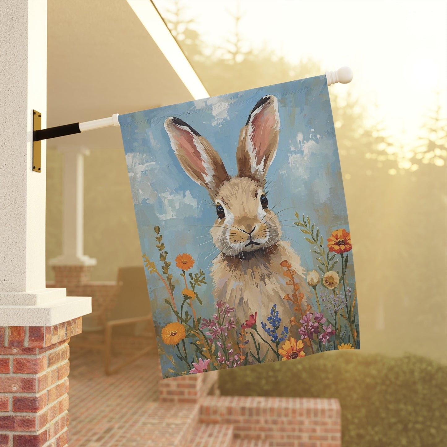 Spring Bunny in Wildflowers Garden and House Flag Decor Flags