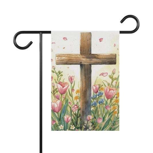 Wooden Cross with Spring Flowers Garden and House Flag Decor Flags