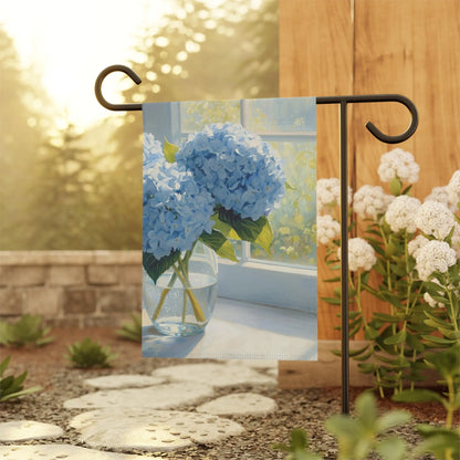 Blue Hydrangeas in Vase Garden and House Flag Decor Flags