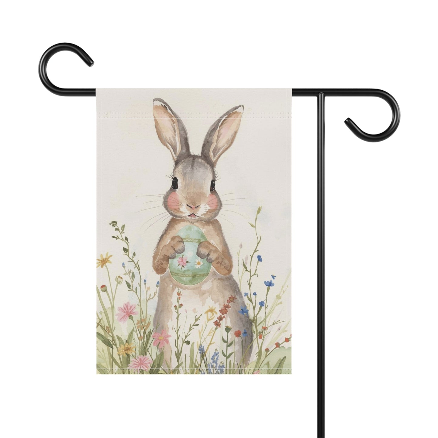 Watercolor Bunny with Egg Floral Garden and House Flag Decor Flags