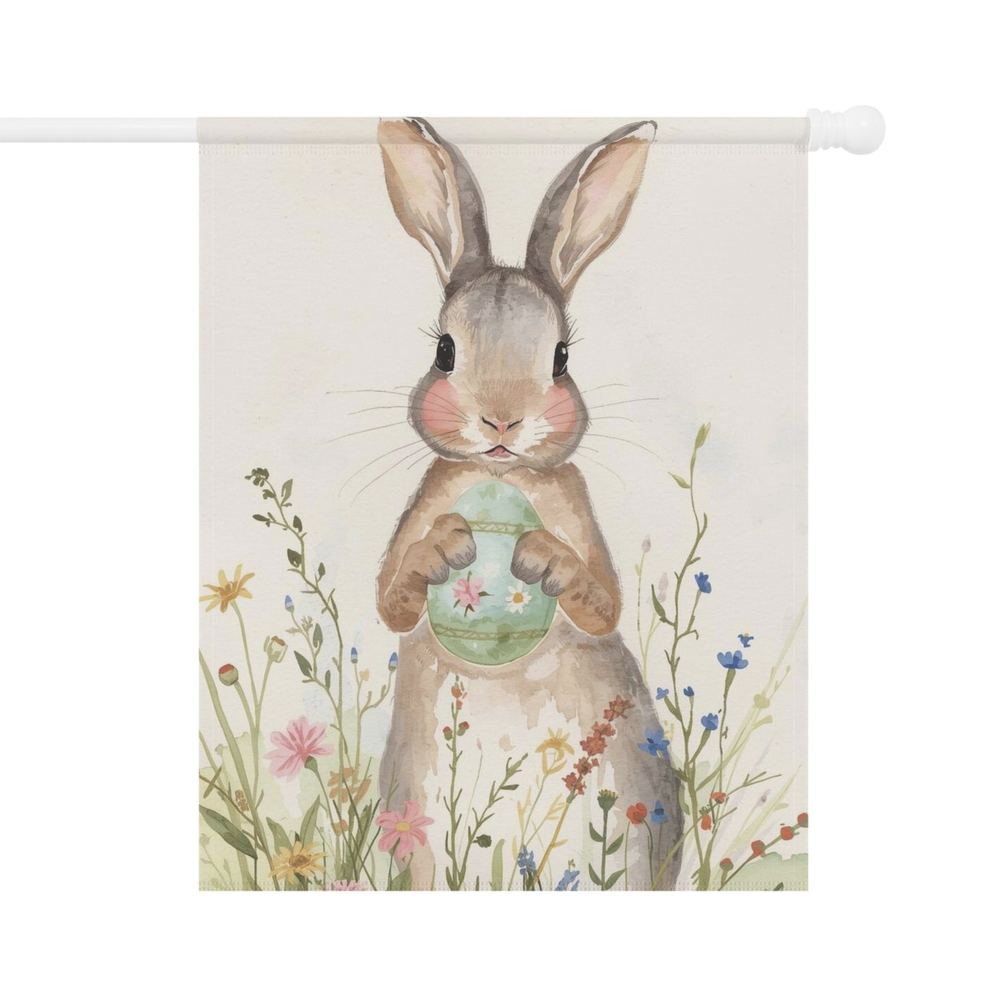 Watercolor Bunny with Egg Floral Garden and House Flag Decor Flags