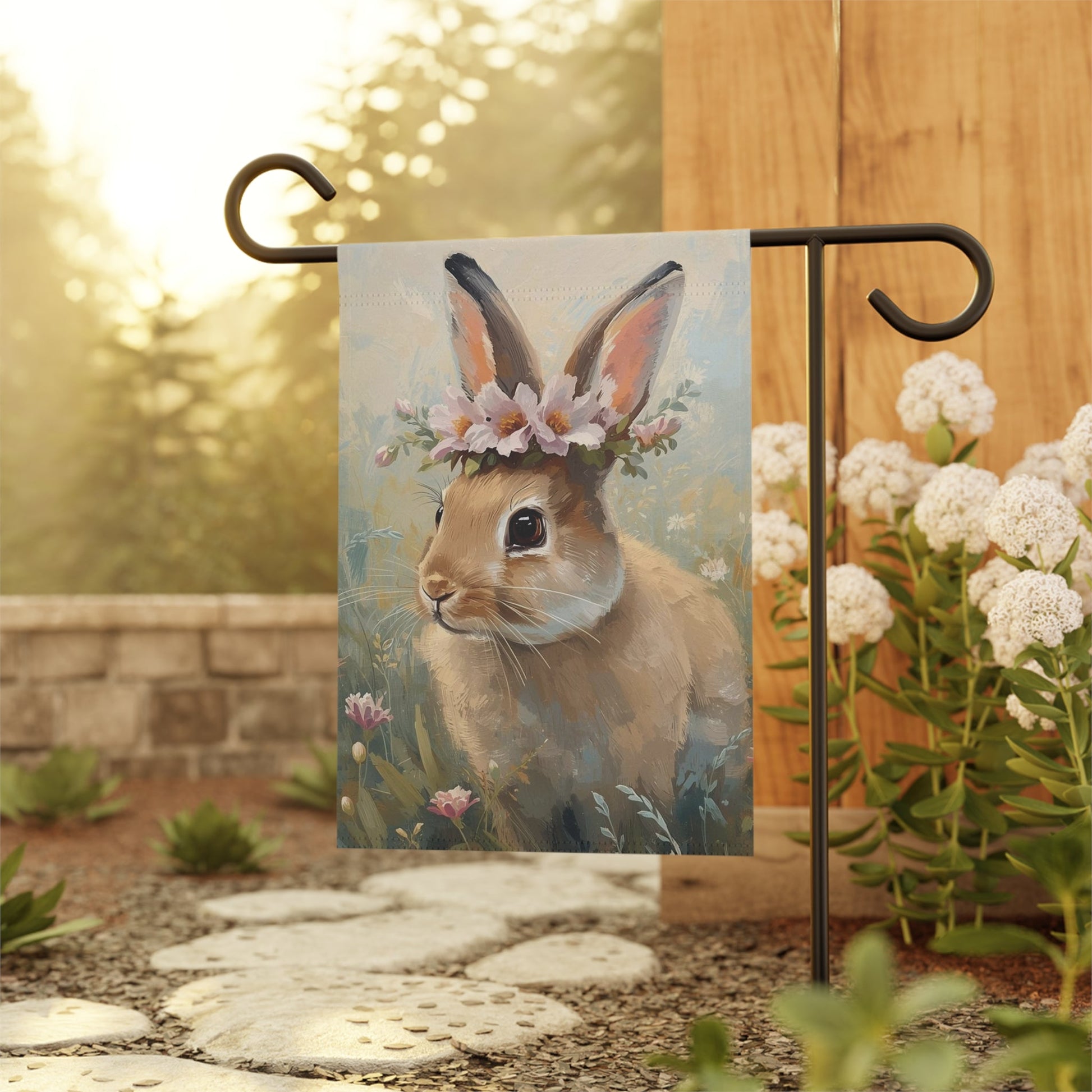 Bunny with Flower Crown Garden and House Flag Decor Flags