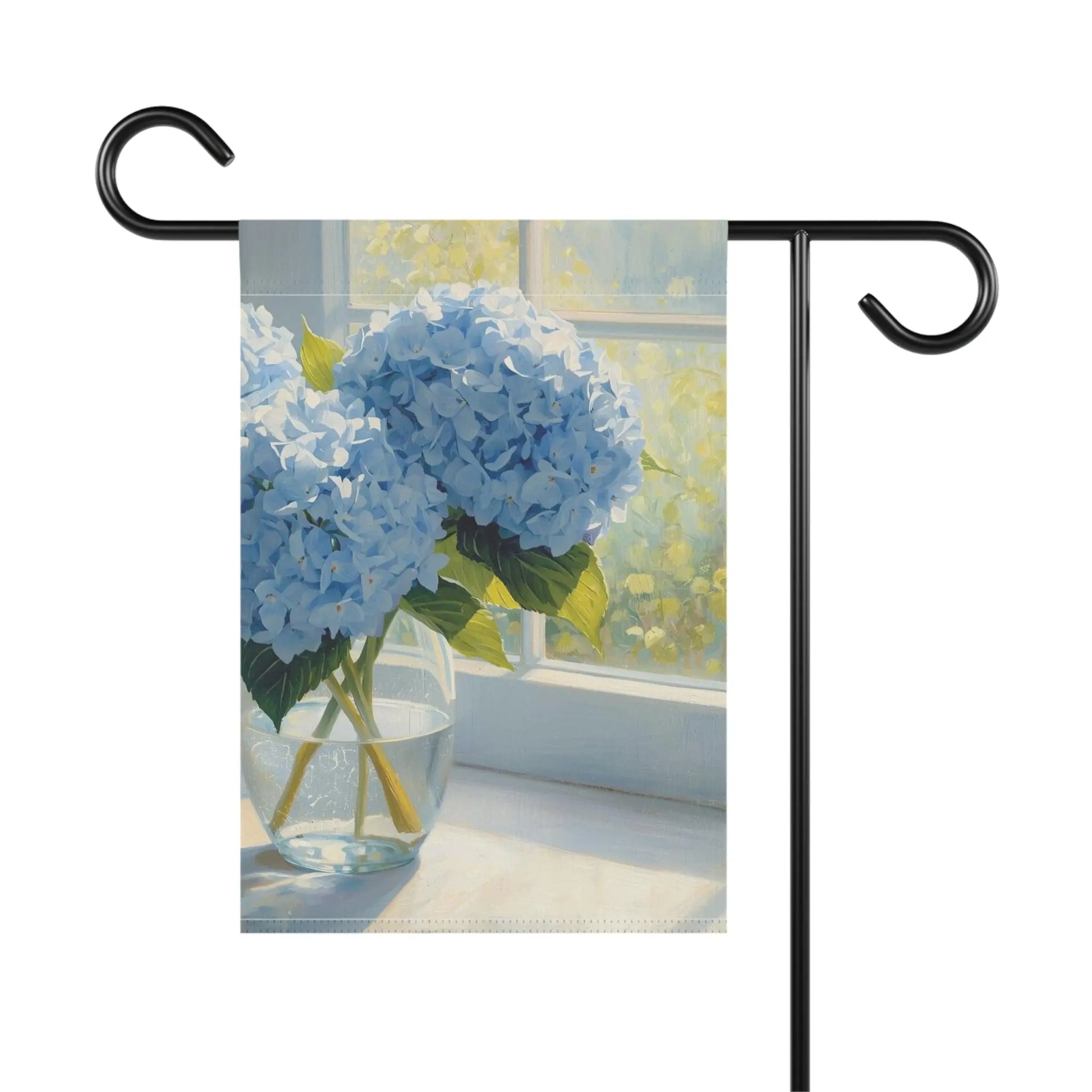 Blue Hydrangeas in Vase Garden and House Flag Decor Flags