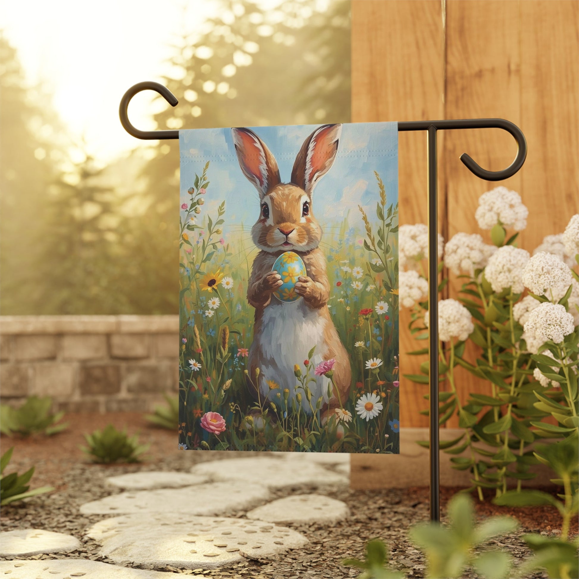Easter Bunny Holding Painted Egg Garden Flag Decor Flags