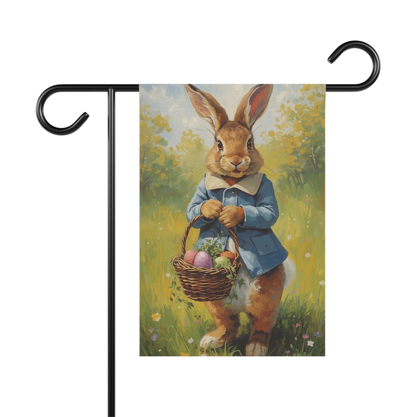 Vintage Easter Bunny Holding Basket Garden and House Flag Decor Flags