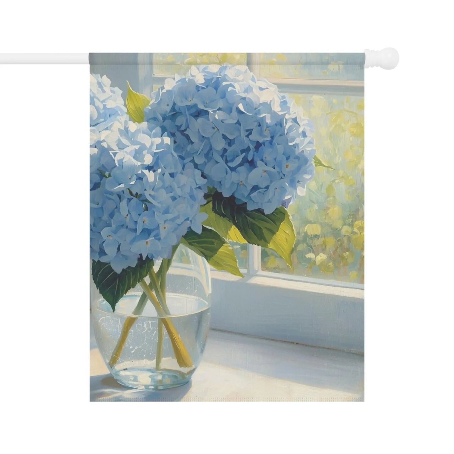 Blue Hydrangeas in Vase Garden and House Flag Decor Flags