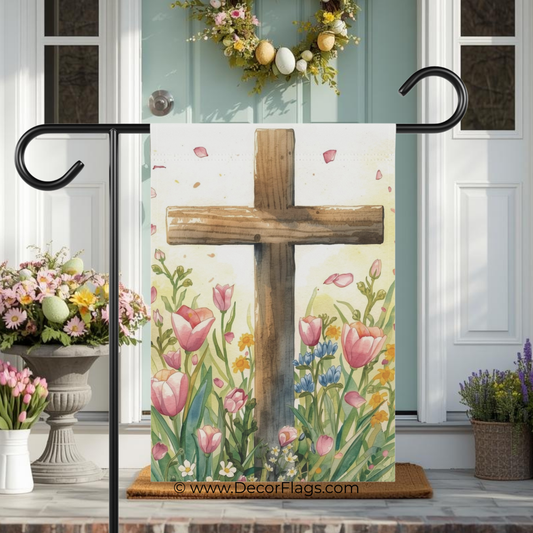 Wooden Cross with Spring Flowers Garden and House Flag Decor Flags