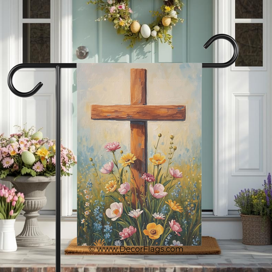 Wooden Cross with Wildflowers Garden Flag Decor Flags