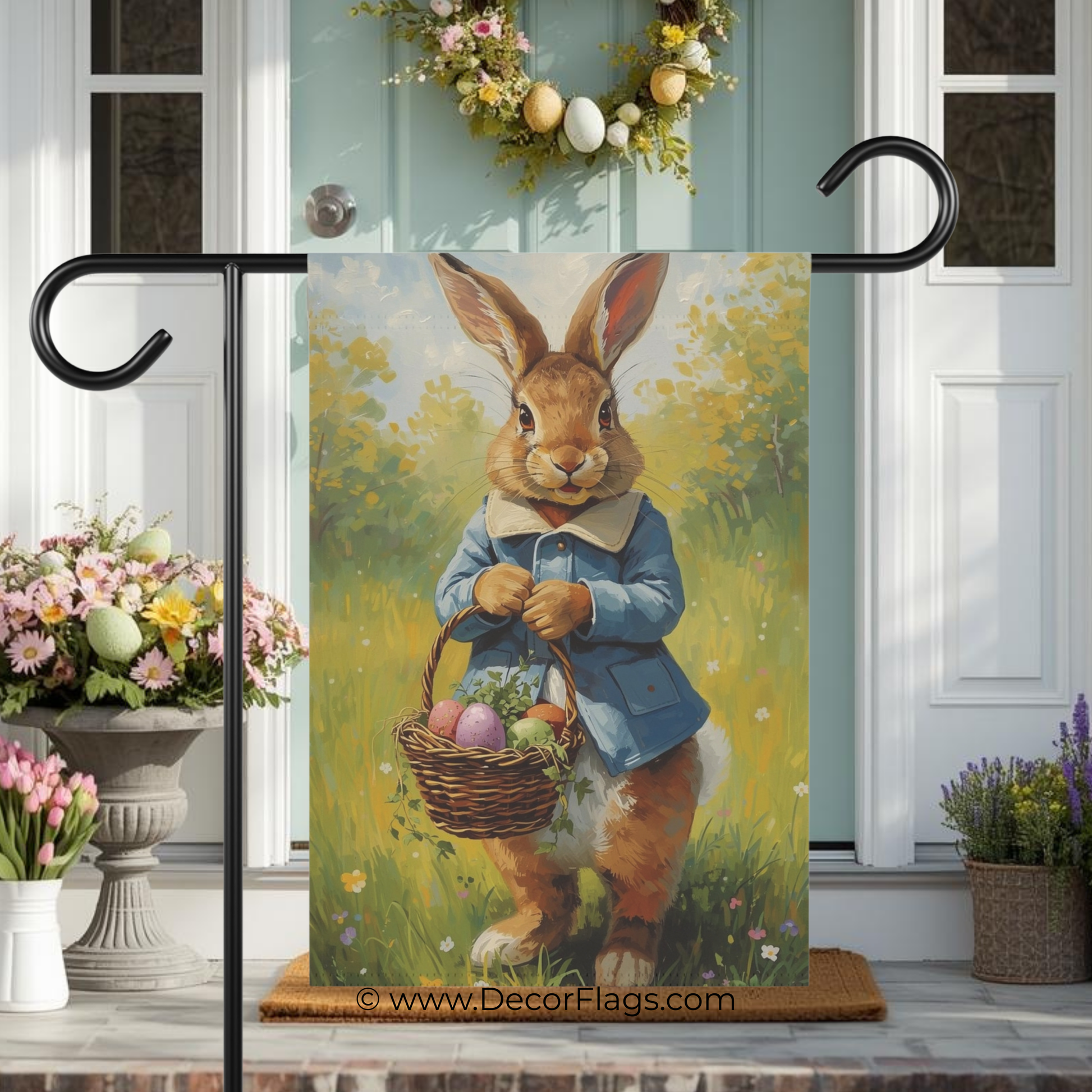 Vintage Easter Bunny Holding Basket Garden and House Flag Decor Flags