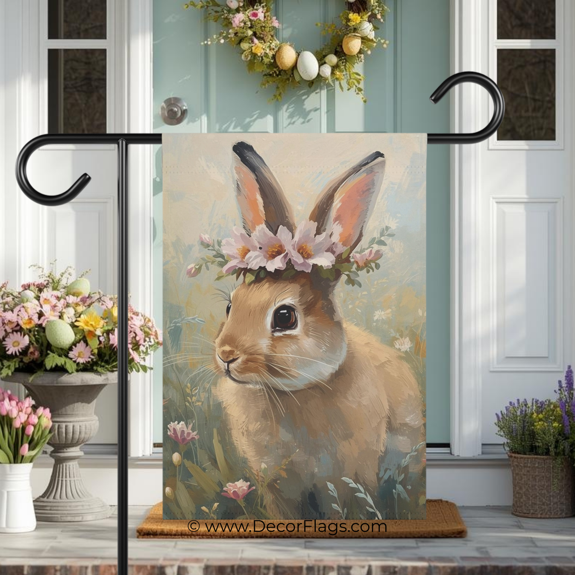 Bunny with Flower Crown Garden and House Flag Decor Flags