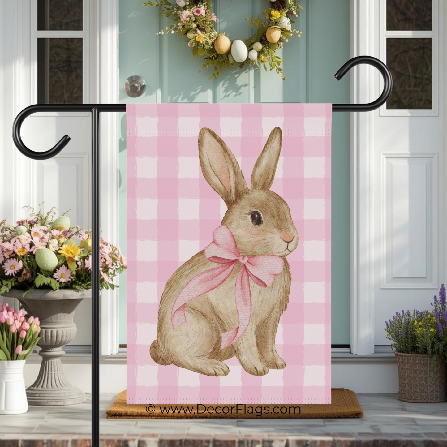 Pink Gingham Bunny Garden and House Flag Decor Flags
