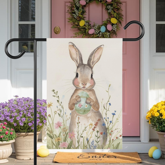 Watercolor Bunny with Egg Floral Garden and House Flag Decor Flags