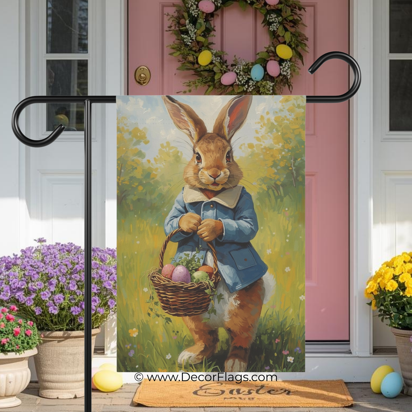 Vintage Easter Bunny Holding Basket Garden and House Flag Decor Flags