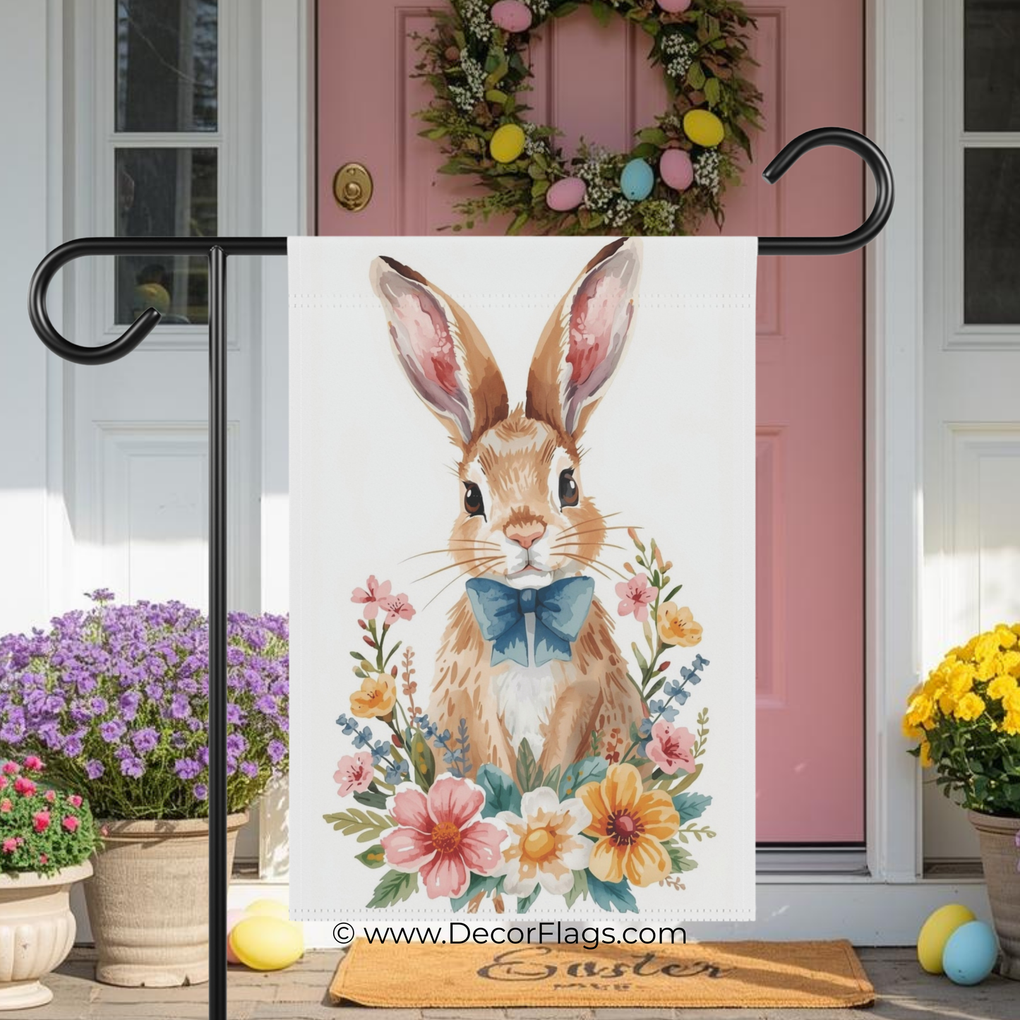 Watercolor Bunny with Blue Bow Garden and House Flag Decor Flags