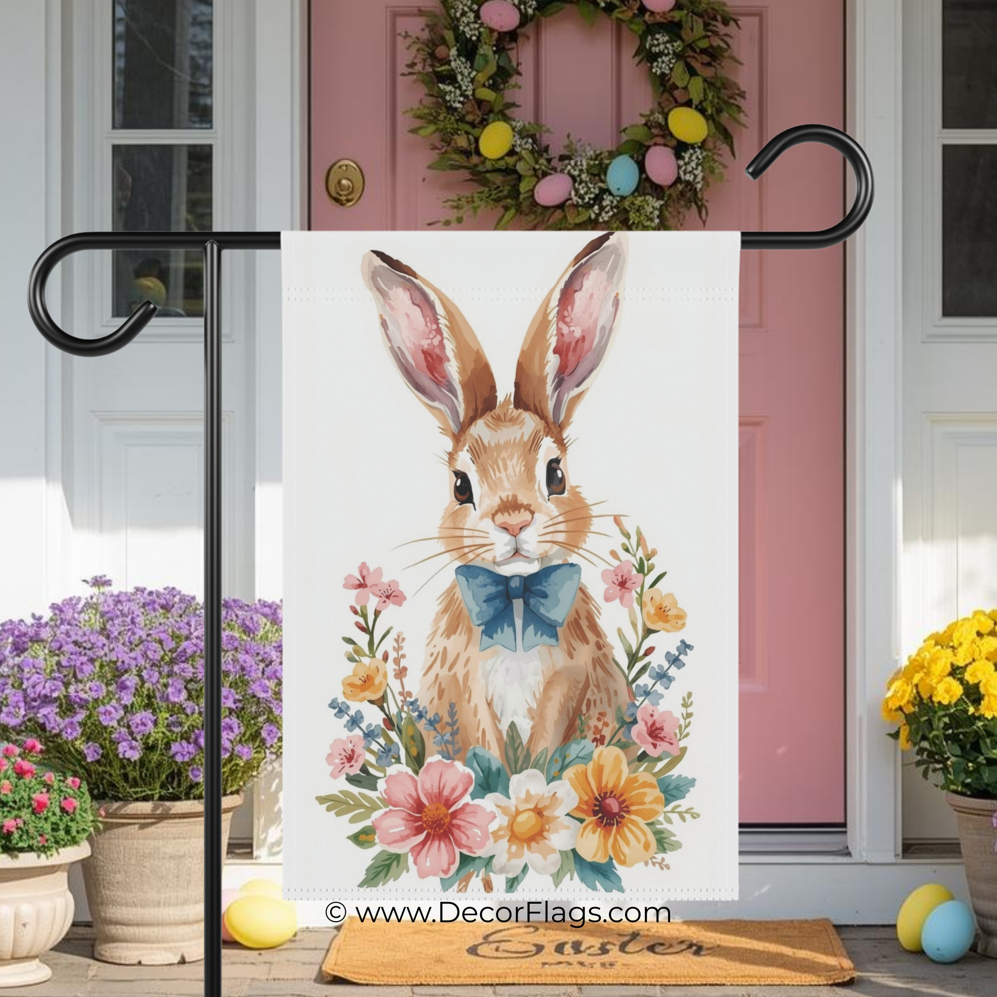 Watercolor Bunny with Blue Bow Garden and House Flag Decor Flags