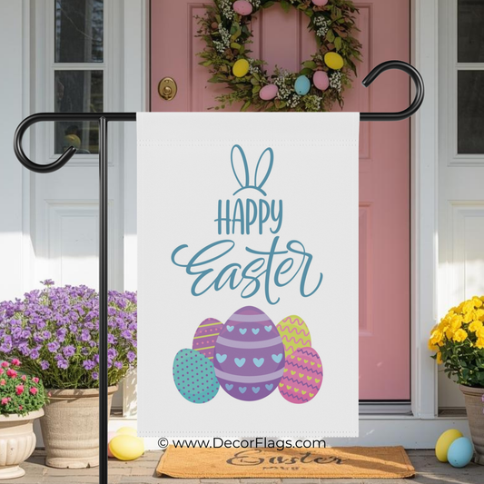 Happy Easter Bunny Ears with Painted Eggs Garden and House Flag Decor Flags