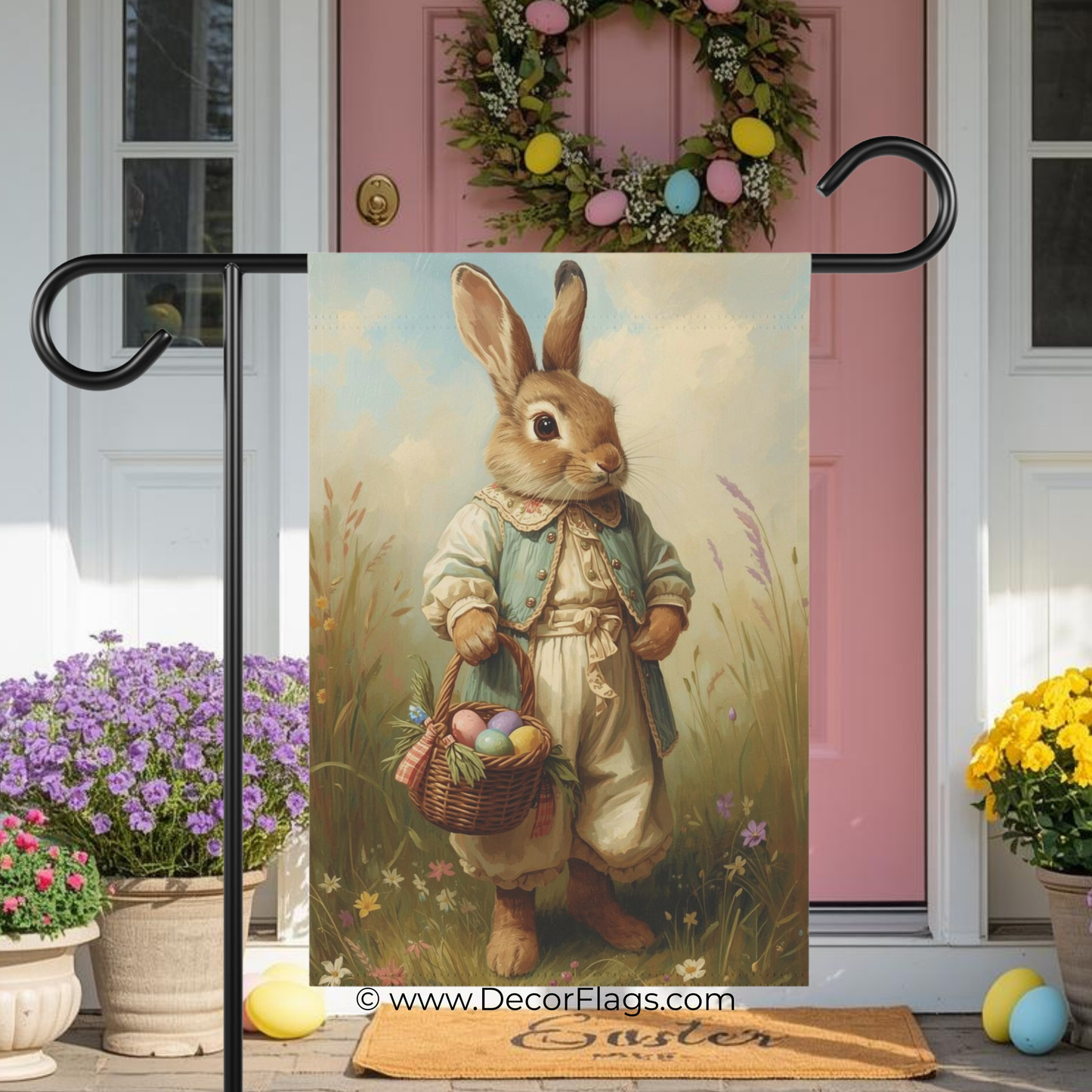 Vintage Easter Bunny with Basket Garden and House Flag Decor Flags