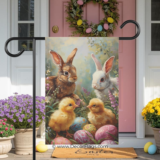 Easter Bunnies and Chicks Garden and House Flag Decor Flags