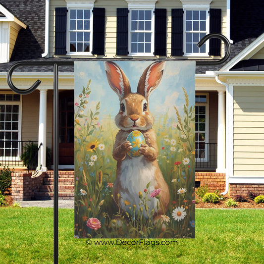 Easter Bunny Holding Painted Egg Garden Flag Decor Flags