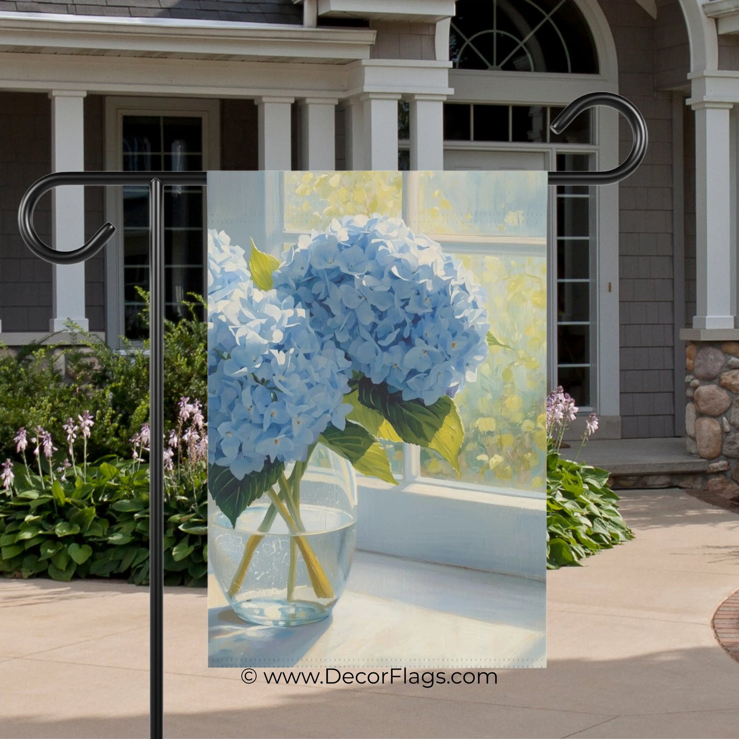 Blue Hydrangeas in Vase Garden and House Flag Decor Flags