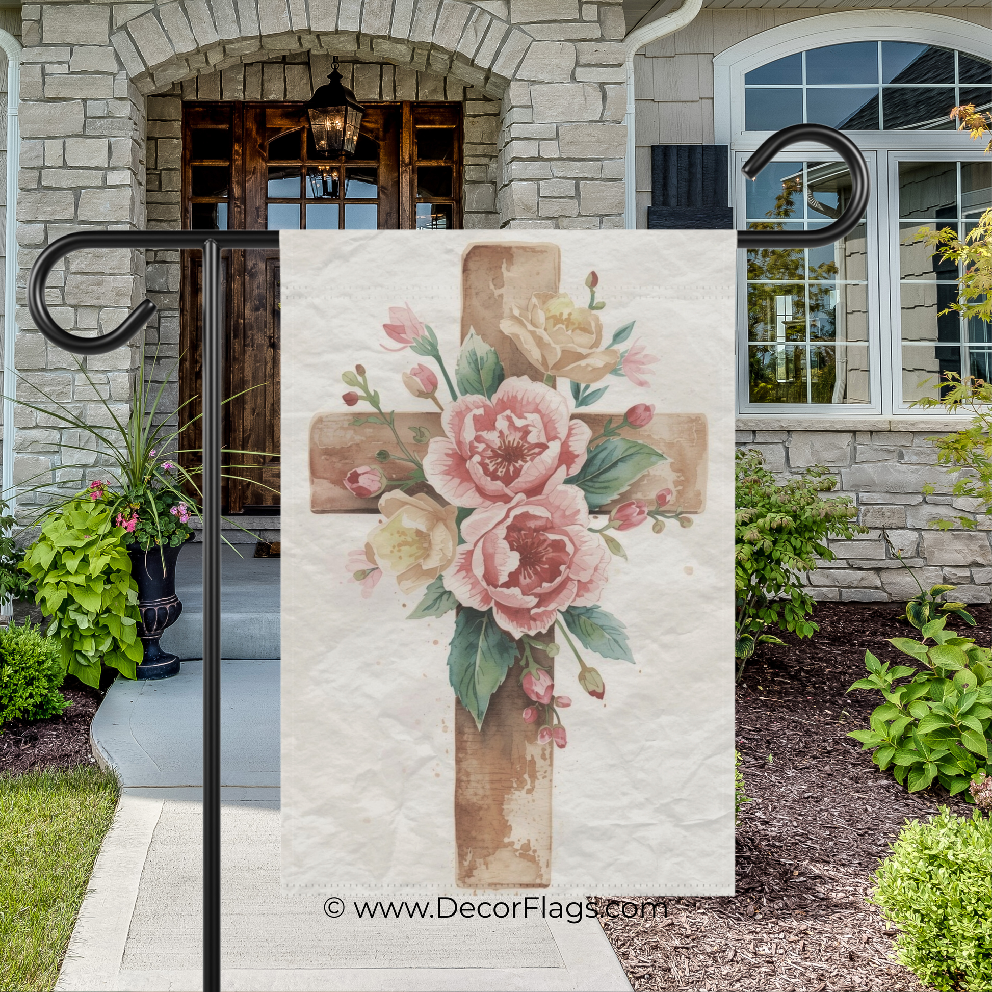 Wooden Cross with Pink Flowers Easter Garden Flag Decor Flags