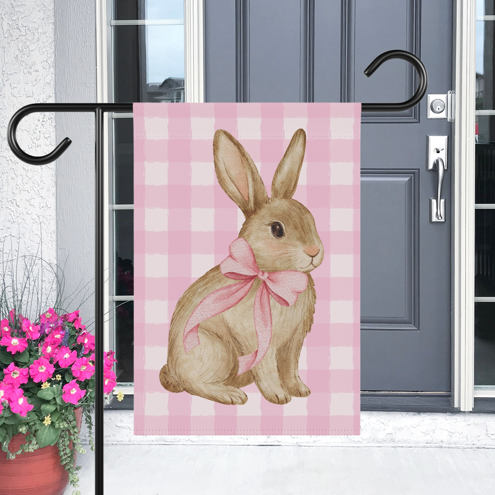 Pink Gingham Bunny Garden and House Flag Decor Flags
